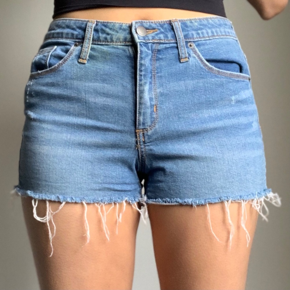 Medium Wash Denim Shorts with Frayed Edges